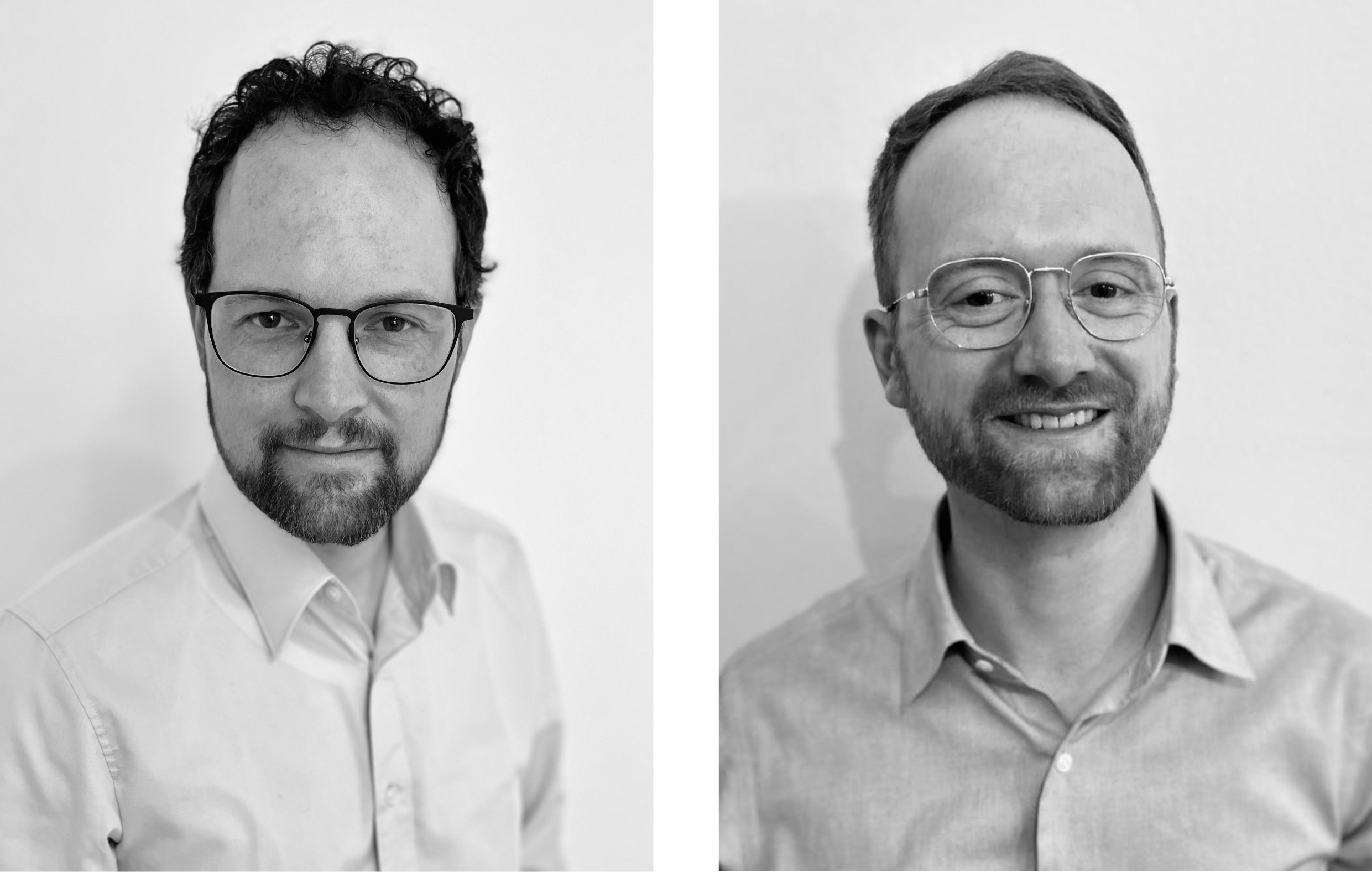 Two black and white portrait photos show two men with short hair, glasses and beards wearing light-coloured shirts.