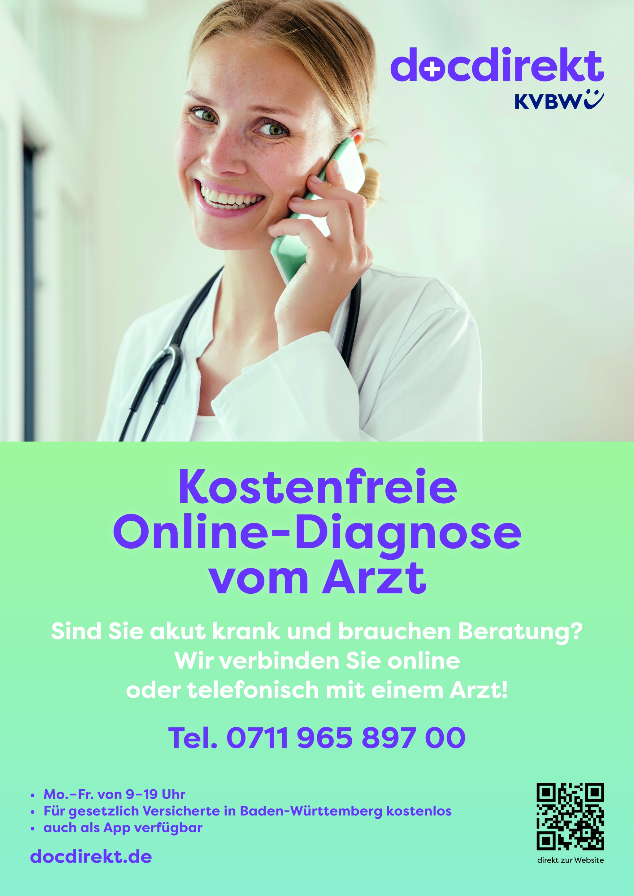 Das Plakat von docdirekt mit einer telefonierenden Ärztin