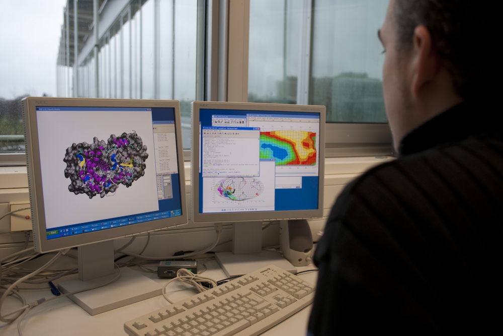 Researcher sitting in front of two screens, visualising a protein on the screen using a specific software.